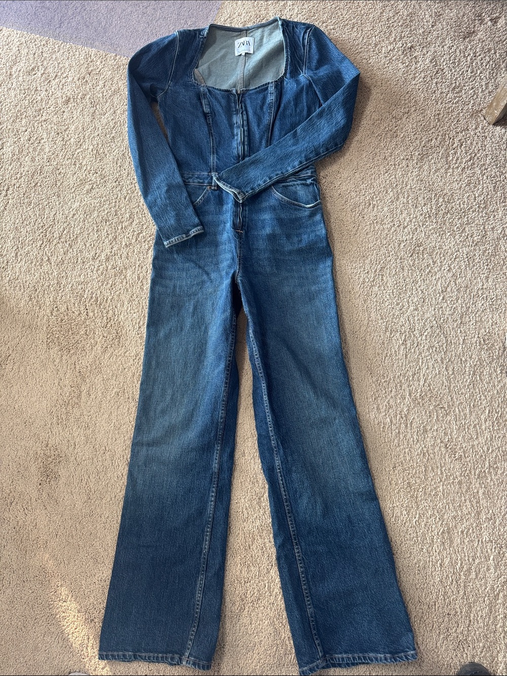 Zara Dark Blue Denim Wide-Leg Jumpsuit size medium but top portion is small.